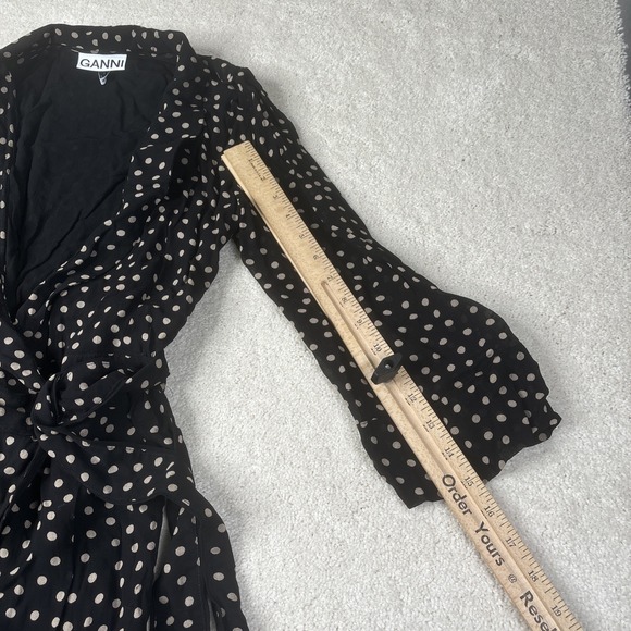 Ganni Georgette Wrap Maxi Dress Women's Size 38 Black White Polka Dot 3/4 Sleeve - Picture 11 of 16